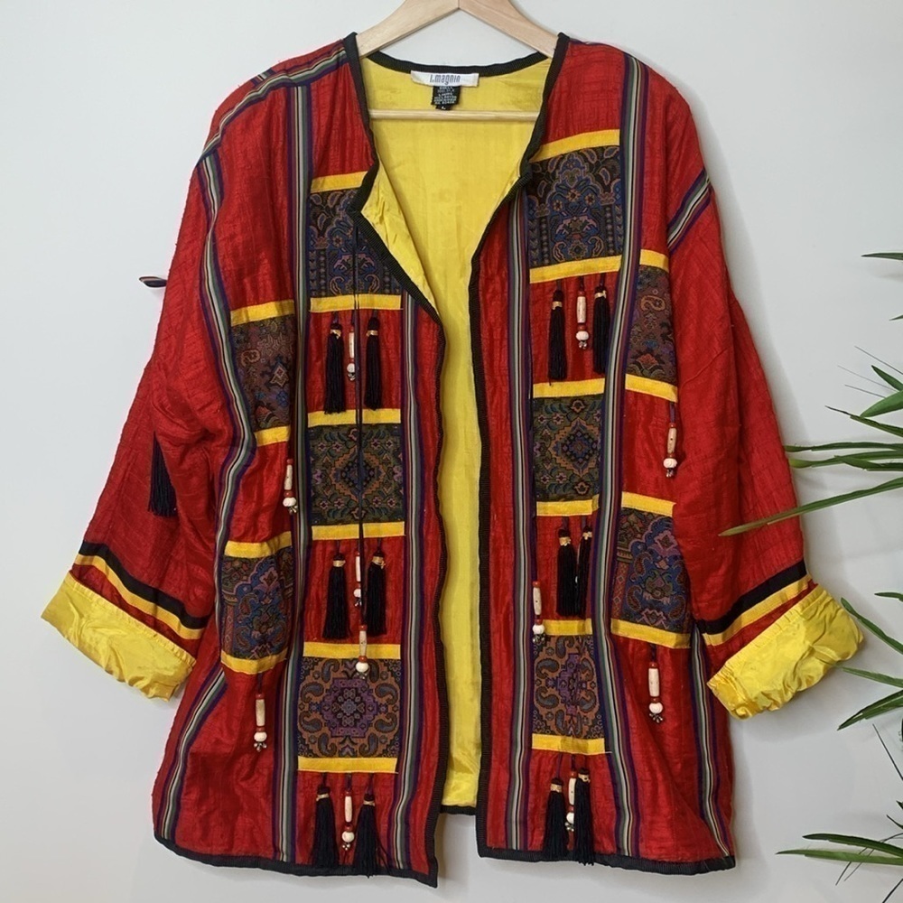 I Magnin Vintage Silk Embroidered Tapestry Tassel Beaded Patchwork Art Jacket L - Picture 13 of 17
